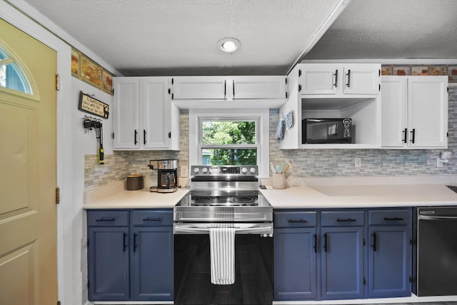 350 N Horton St, Jackson, MI 49202 - kitchen featuring stainless steel electric range oven, dishwasher, blue cabinetry, black microwave, and a textured ceiling