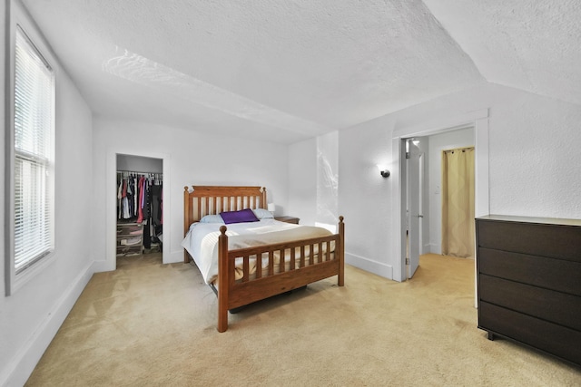 350 N Horton St, Jackson, MI 49202 - bedroom with light carpet, a textured ceiling, multiple windows, a spacious closet, and lofted ceiling