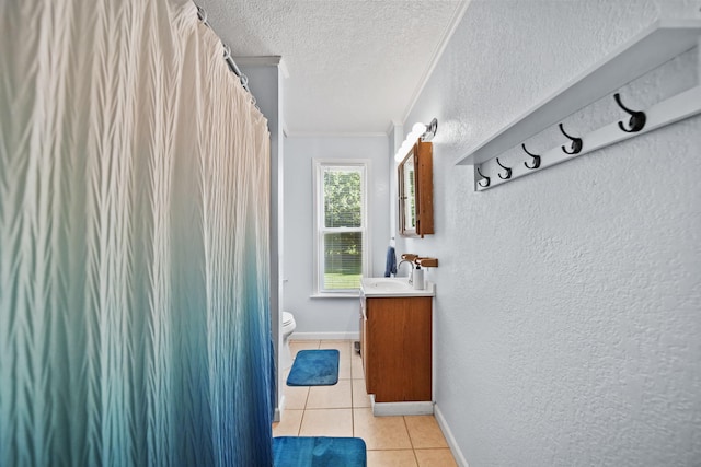 350 N Horton St, Jackson, MI 49202 - full bathroom featuring a textured ceiling, crown molding, vanity, tile patterned flooring, and a textured wall