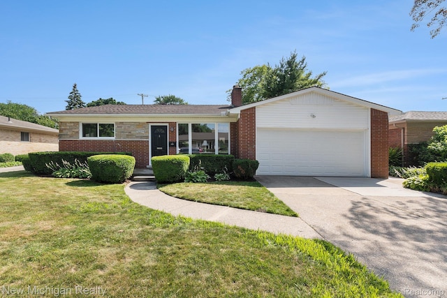 23306 Greencrest St, Saint Clair Shores, MI 48080 - ranch-style house featuring a garage, a chimney, a front lawn, concrete driveway, and brick siding