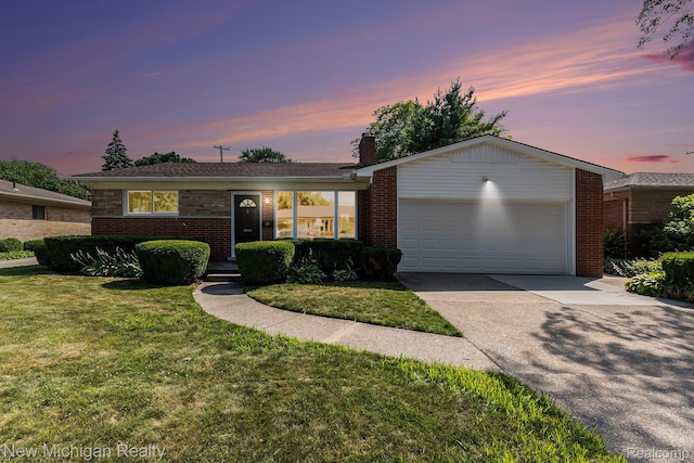 23306 Greencrest St, Saint Clair Shores, MI 48080 - ranch-style house featuring a garage, driveway, a front yard, and a chimney