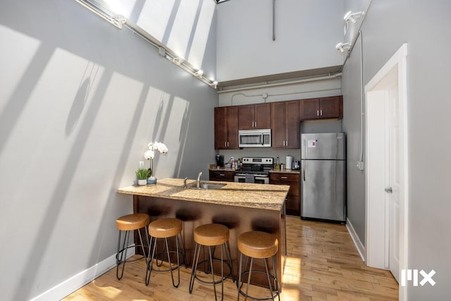139 Pearl St NW, Grand Rapids, MI 49503 - kitchen with appliances with stainless steel finishes, a high ceiling, a peninsula, a kitchen bar, and light wood-style flooring