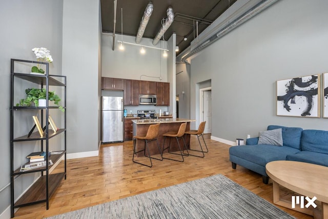 139 Pearl St NW, Grand Rapids, MI 49503 - living area featuring a towering ceiling, light wood-style floors, and track lighting