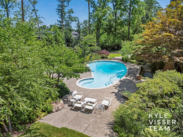 130 Robinwood Ave SE, Grand Rapids, MI 49506 - outdoor pool with a patio and view of wooded area
