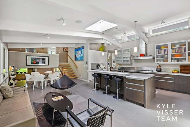 130 Robinwood Ave SE, Grand Rapids, MI 49506 - kitchen with modern cabinets, light countertops, a skylight, stainless steel gas stovetop, and dark brown cabinetry