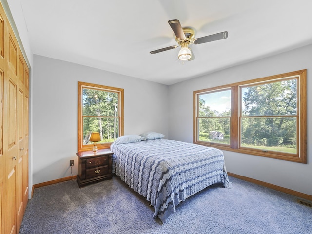 626 Skocelas Rd N, Manistee, MI 49660 - bedroom with a closet, dark carpet, and ceiling fan