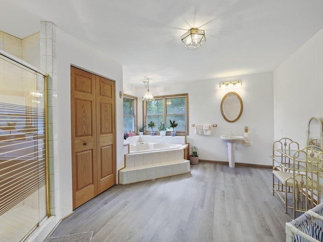 626 Skocelas Rd N, Manistee, MI 49660 - bathroom with wood finished floors, a garden tub, and a shower stall