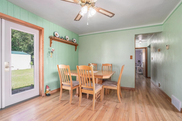 53266 US-131, Three Rivers, MI 49093 - dining space featuring light wood-type flooring, ceiling fan, and wooden walls