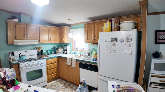 1410 Country View Ct NW, Sparta, MI 49345 - kitchen with white appliances, under cabinet range hood, light countertops, hanging light fixtures, and vaulted ceiling