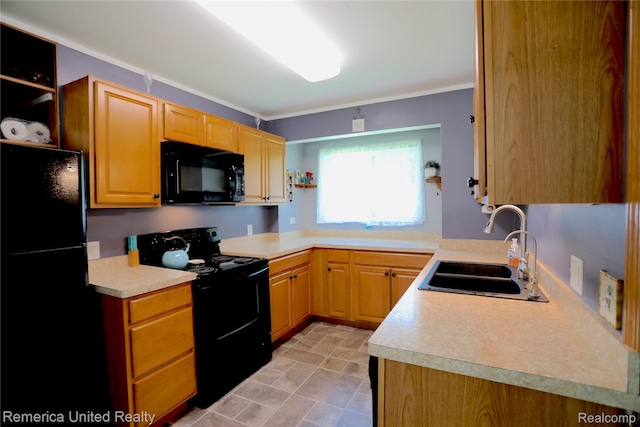 4685 Downing Dr, Pinckney, MI 48169 - kitchen featuring black appliances, light countertops, crown molding, light brown cabinets, and open shelves