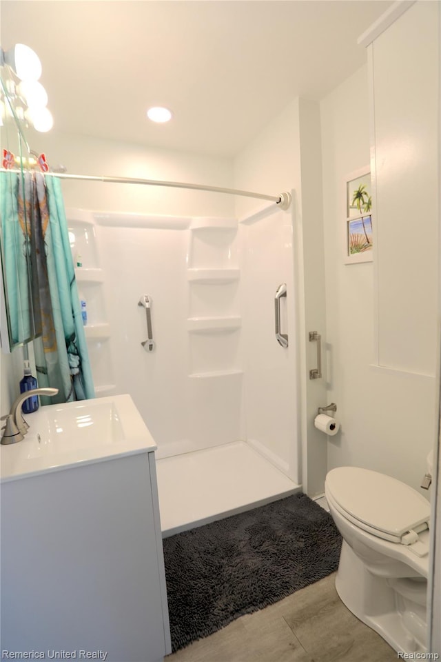 4685 Downing Dr, Pinckney, MI 48169 - bathroom featuring wood finished floors, curtained shower, and vanity