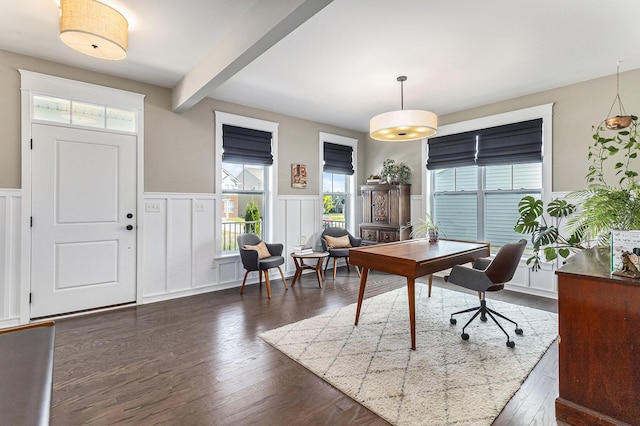 6217 S Trailwoods Dr, Ann Arbor, MI 48103 - office space with dark wood-type flooring, beam ceiling, a wainscoted wall, and a decorative wall