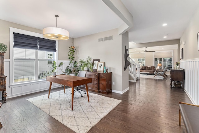 6217 S Trailwoods Dr, Ann Arbor, MI 48103 - home office featuring dark wood finished floors, healthy amount of natural light, ceiling fan, and recessed lighting