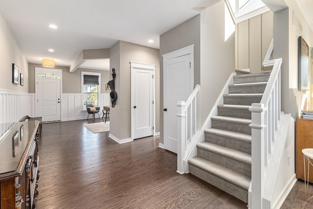 6217 S Trailwoods Dr, Ann Arbor, MI 48103 - entrance foyer featuring stairway, dark wood-style flooring, and recessed lighting