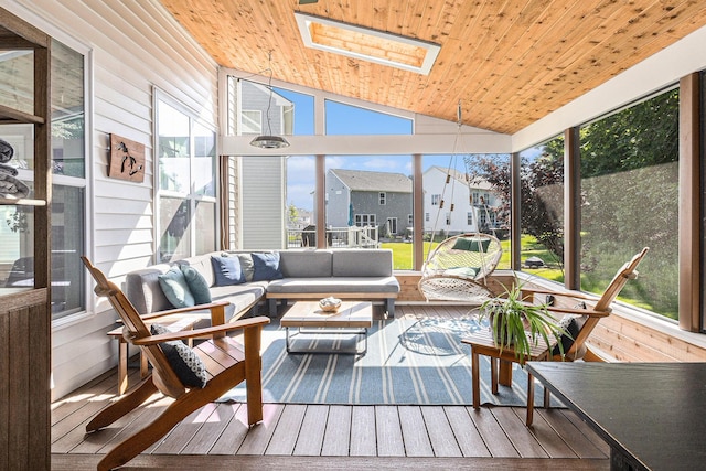 6217 S Trailwoods Dr, Ann Arbor, MI 48103 - sunroom featuring wooden ceiling, vaulted ceiling, a skylight, hardwood / wood-style flooring, and healthy amount of natural light
