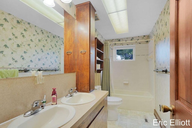 4305 76th St SW, Byron Center, MI 49315 - bathroom featuring wallpapered walls, double vanity, shower / bath combination with curtain, and tile patterned floors