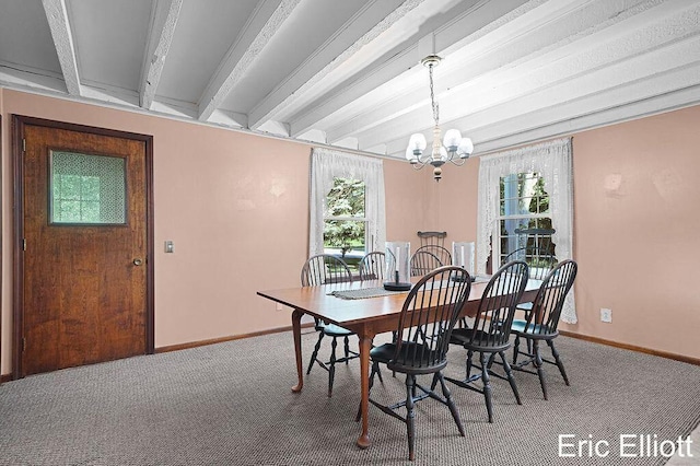 4305 76th St SW, Byron Center, MI 49315 - carpeted dining room featuring beam ceiling, a chandelier, and plenty of natural light