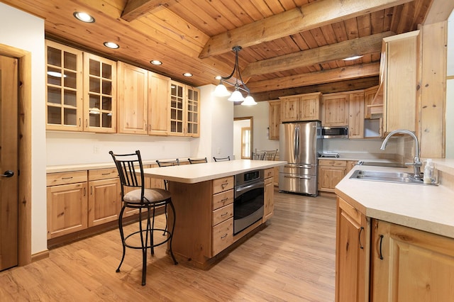 11463 Snowshoe Dr, Plainwell, MI 49080 - kitchen featuring stainless steel appliances, a wooden ceiling with exposed beams, light brown cabinetry, recessed lighting, and light countertops