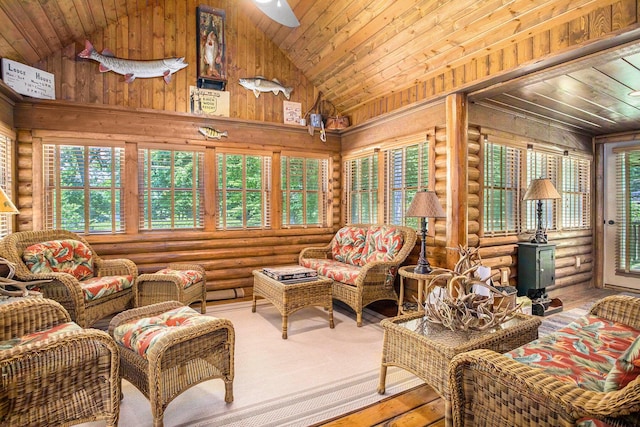 11463 Snowshoe Dr, Plainwell, MI 49080 - sunroom / solarium with wooden ceiling, healthy amount of natural light, log walls, and high vaulted ceiling