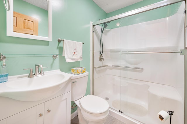 18165 Shamrock Blvd, Big Rapids, MI 49307 - bathroom featuring a stall shower, vanity, and a textured ceiling