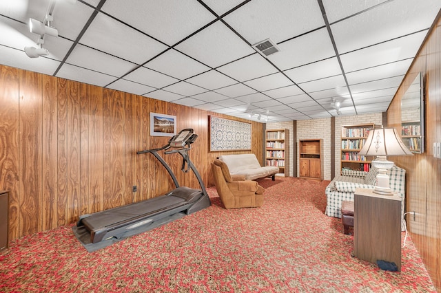 18165 Shamrock Blvd, Big Rapids, MI 49307 - exercise room featuring carpet, wood walls, built in features, and a paneled ceiling