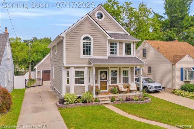 1305 Wyandotte Ave, Royal Oak, MI 48067 - view of front of home with concrete driveway, a gate, a porch, a garage, and a shingled roof