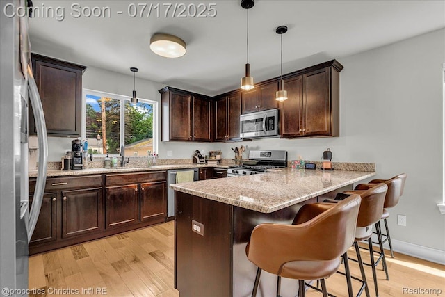 1305 Wyandotte Ave, Royal Oak, MI 48067 - kitchen featuring stainless steel appliances, light wood finished floors, a peninsula, and dark brown cabinetry