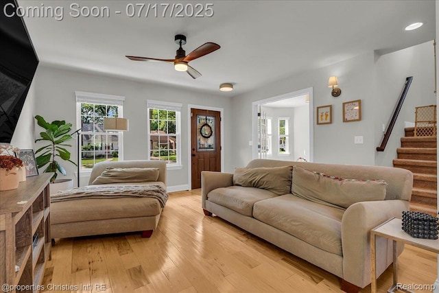 1305 Wyandotte Ave, Royal Oak, MI 48067 - living room with a ceiling fan, healthy amount of natural light, light wood-style floors, stairs, and recessed lighting