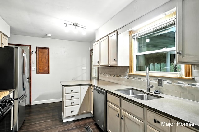 1435 Sweet St NE, Grand Rapids, MI 49505 - kitchen featuring stainless steel appliances, dark wood-style flooring, backsplash, and a peninsula