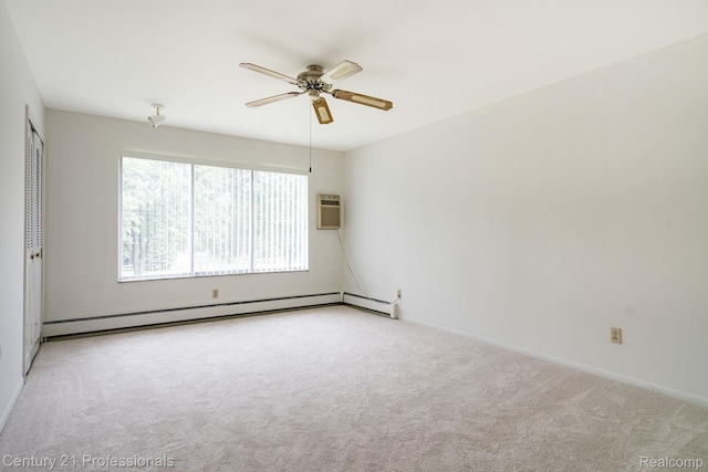 5959 Alan Dr # 56, Brighton, MI 48116 - empty room featuring a baseboard heating unit, ceiling fan, carpet floors, and an AC wall unit