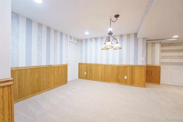 13381 Latheron Dr, Plymouth, MI 48170 - unfurnished dining area with wainscoting, wallpapered walls, carpet floors, and recessed lighting