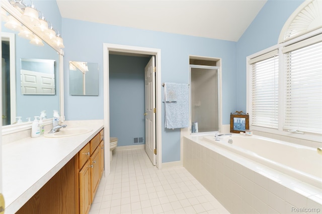 13381 Latheron Dr, Plymouth, MI 48170 - bathroom with vanity, a bath, a stall shower, tile patterned floors, and lofted ceiling