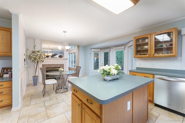 13381 Latheron Dr, Plymouth, MI 48170 - kitchen featuring dishwasher, glass insert cabinets, a kitchen island, light stone finish flooring, and dark countertops