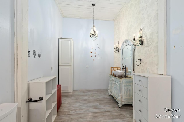 65 Sundago Park St, Hastings, MI 49058 - bathroom featuring wood finished floors, vanity, and a chandelier