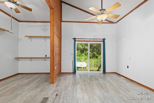 65 Sundago Park St, Hastings, MI 49058 - unfurnished living room featuring ceiling fan, wood finished floors, crown molding, and lofted ceiling