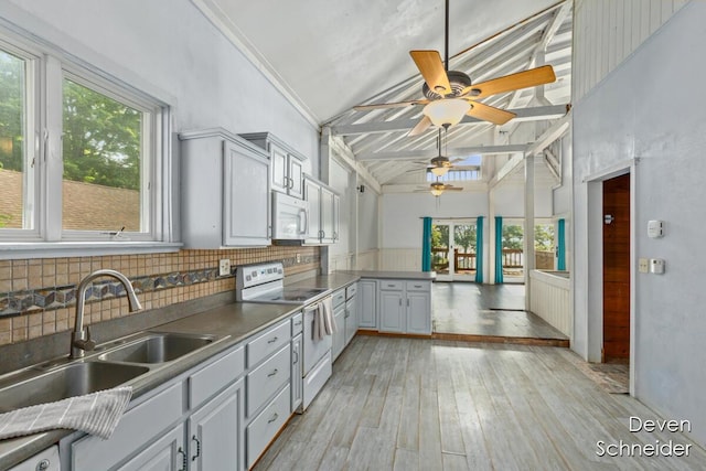 65 Sundago Park St, Hastings, MI 49058 - kitchen with white appliances, plenty of natural light, ceiling fan, and light wood finished floors
