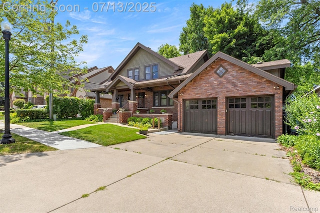 830 S Brady Rd, Dearborn, MI 48124 - craftsman-style home with brick siding, a garage, a front lawn, driveway, and a porch