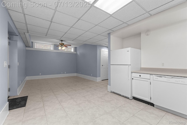 830 S Brady Rd, Dearborn, MI 48124 - kitchen featuring white appliances, ceiling fan, white cabinets, a drop ceiling, and light countertops