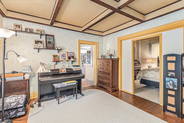 449 4th St, Manistee, MI 49660 - home office with coffered ceiling, wood-type flooring, beam ceiling, and wallpapered walls