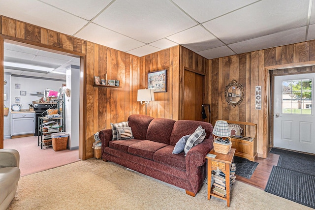 449 4th St, Manistee, MI 49660 - carpeted living area with wood walls and a paneled ceiling