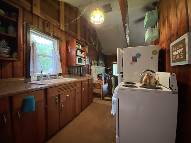 2031 E Oak St, Newaygo, MI 49337 - kitchen featuring white appliances, a fireplace, light colored carpet, vaulted ceiling, and plenty of natural light