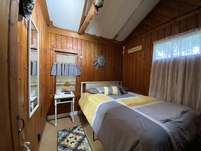 2031 E Oak St, Newaygo, MI 49337 - bedroom featuring lofted ceiling and wood walls