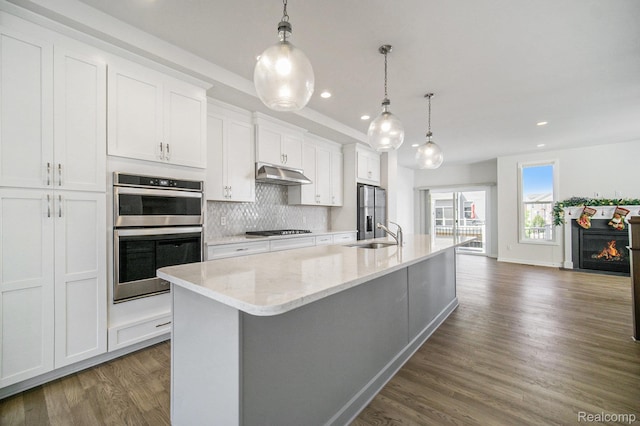 2965 Aughton Rd, Ann Arbor, MI 48105 - kitchen featuring stainless steel appliances, under cabinet range hood, dark wood-style flooring, a large island with sink, and tasteful backsplash