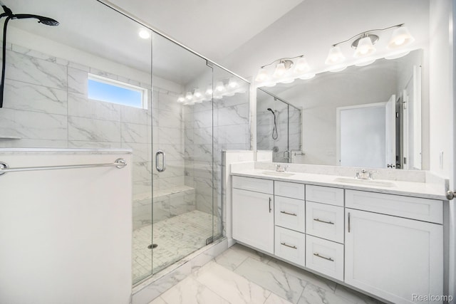 2965 Aughton Rd, Ann Arbor, MI 48105 - bathroom featuring marble look tile flooring, double vanity, and a stall shower