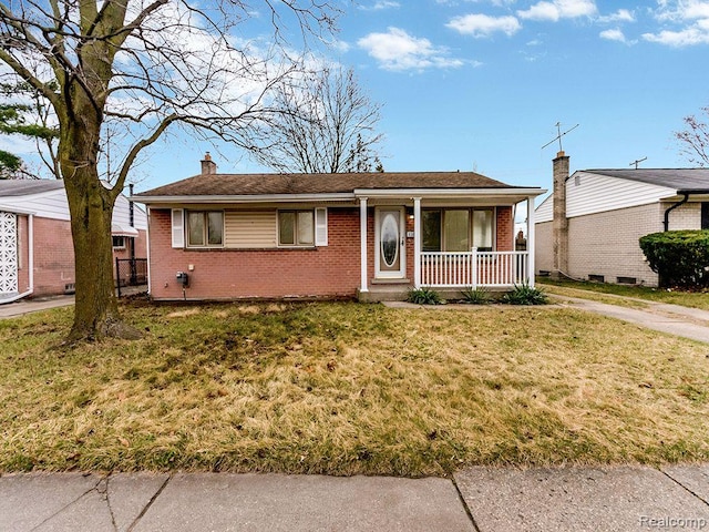 33855 Cherry Hill Rd, Westland, MI 48186 - ranch-style house featuring brick siding, covered porch, a chimney, and a front lawn