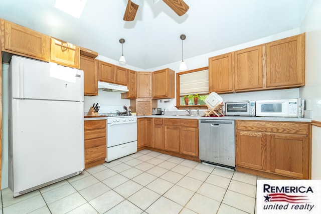 9420 Van Antwerp Rd, Brighton, MI 48116 - kitchen with white appliances, under cabinet range hood, a ceiling fan, decorative light fixtures, and light countertops