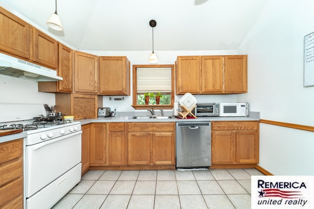 9420 Van Antwerp Rd, Brighton, MI 48116 - kitchen featuring white appliances, under cabinet range hood, light countertops, pendant lighting, and lofted ceiling