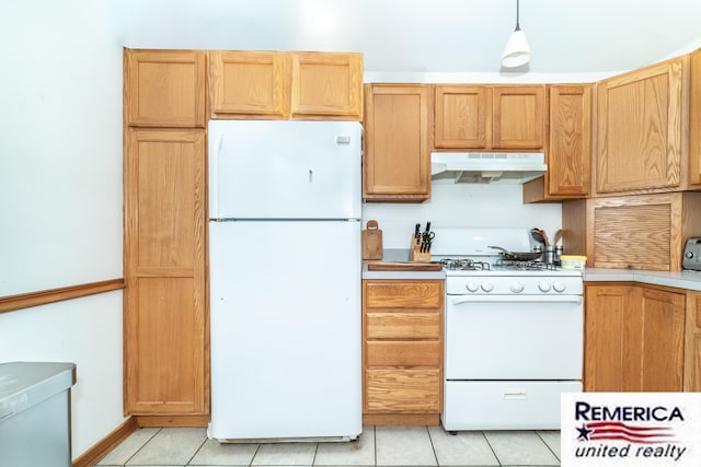 9420 Van Antwerp Rd, Brighton, MI 48116 - kitchen featuring white appliances, under cabinet range hood, light countertops, and light tile patterned flooring