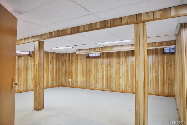18951 Edinborough, Detroit, MI 48219 - below grade area with wood walls, a drop ceiling, and carpet