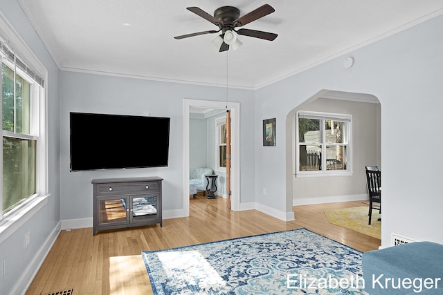 1215 Emerald Ave NE, Grand Rapids, MI 49505 - living area featuring healthy amount of natural light, wood finished floors, ceiling fan, and crown molding